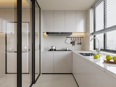 Modern Kitchen Interior Design With White Cabinets Window Sink And Green Apples 3d model