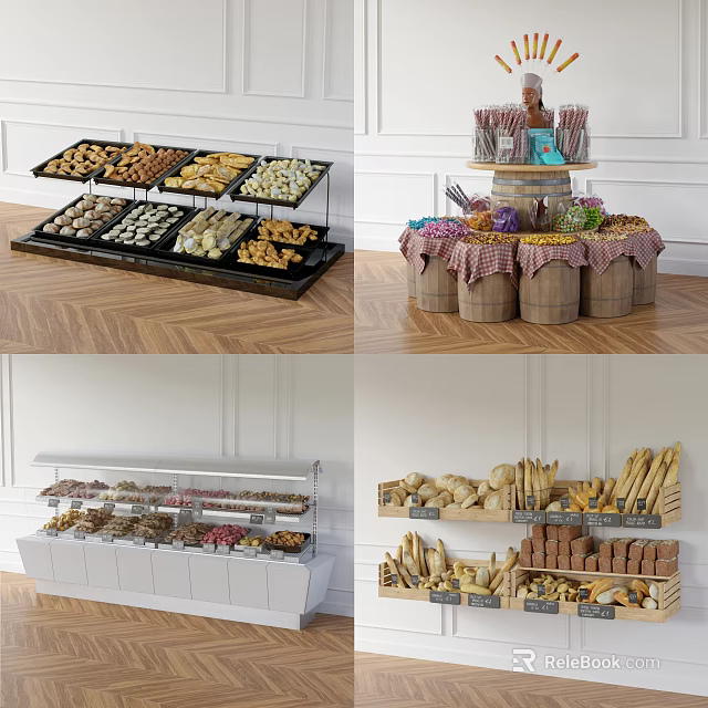 Multi Tiered Display Shelves With Assorted Pastries Bread And Desserts 3d model