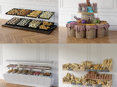 Multi Tiered Display Shelves With Assorted Pastries Bread And Desserts 3d model