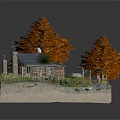 Cartoon Forest Scene Featuring Log Cabin Blue Roof Orange Trees Car Grass And Stones