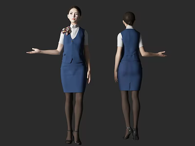 Professional Woman In Blue Uniform Front Back View With White Shirt Skirt Heels 3d model