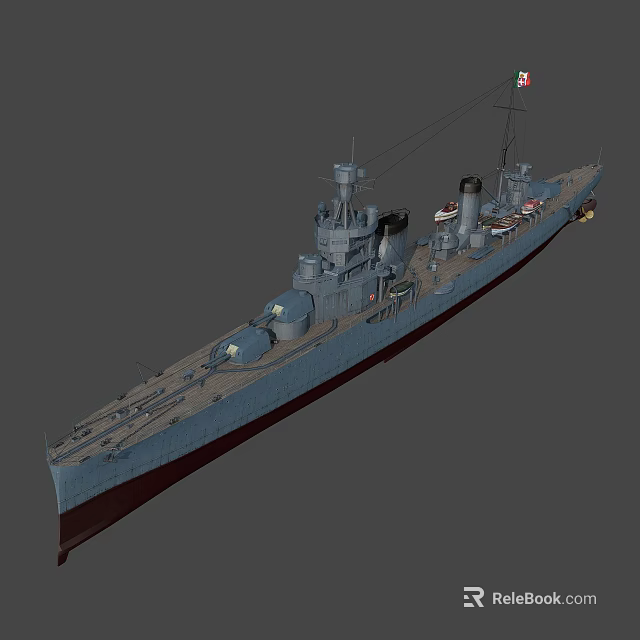Detailed Gray Naval Warship With Turrets Smokestack Deck And Flag Model Rendering 3d model 