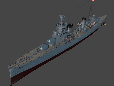 Detailed Gray Naval Warship With Turrets Smokestack Deck And Flag Model Rendering 3d model