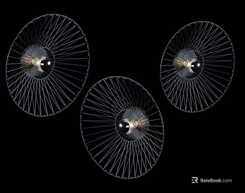 Three Modern Metallic Chandeliers With Radial Spoke Design Against Black Background 3d model 