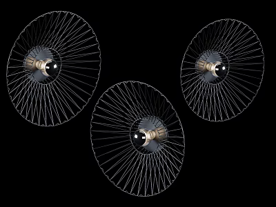 Three Modern Metallic Chandeliers With Radial Spoke Design Against Black Background 3d model