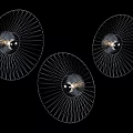 Three Modern Metallic Chandeliers With Radial Spoke Design Against Black Background