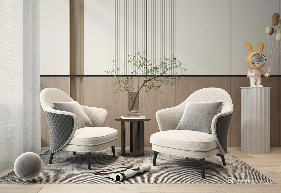 Leisure Sofa Set with White Gray Cushions Wooden Black Legs Side Table Vase Plant Rug Striped Wall Rabbit Ornament 3d model 