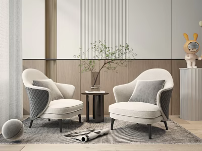 Leisure Sofa Set with White Gray Cushions Wooden Black Legs Side Table Vase Plant Rug Striped Wall Rabbit Ornament 3d model