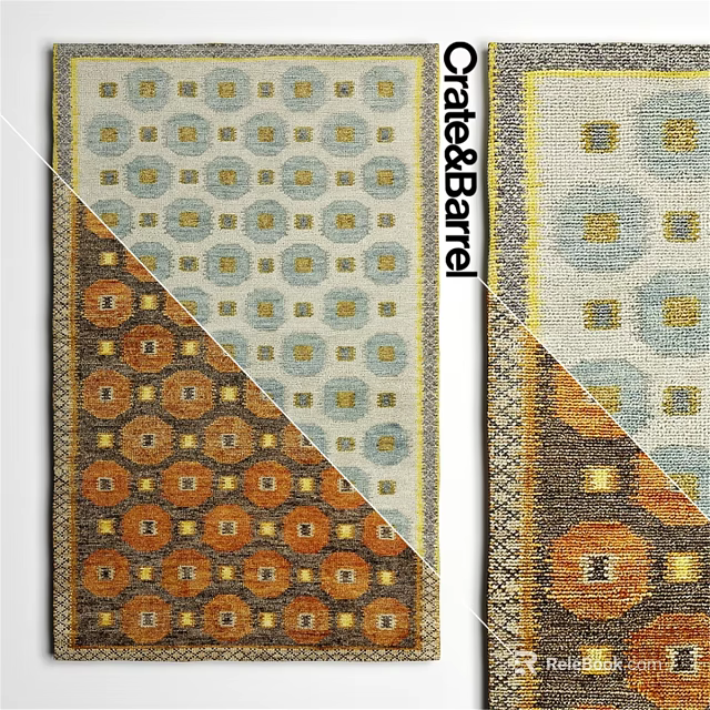 Pottery Barn Square Rugs With Geometric Circular Patterns In Blue Orange Tones 3d model 