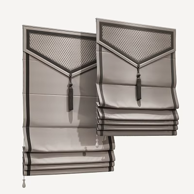 Stylish Gray Roman Shades With Folded Design Black Trim Mesh Panel And Tassel Details 3d model