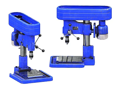 Two Blue Industrial Drill Presses With Heavy Duty Metal Base And Workshop Tools 3d model