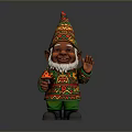 Colorful Gnome With Pointed Hat Patterned Outfit Holding Pizza And Waving Hand
