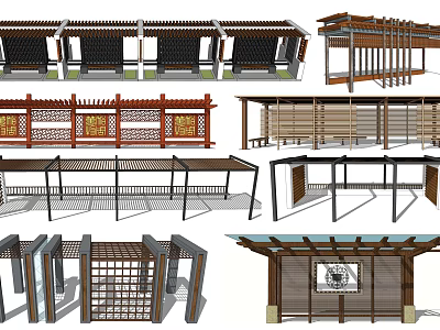 Traditional And Modern Pergola Designs With Wooden Frames Lattice Panels And Roof Structures 3d model