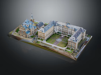 Classical European Architecture Model With Enclosed Courtyard Stone Facade And Towered Roofs 3d model