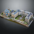Classical European Architecture Model With Enclosed Courtyard Stone Facade And Towered Roofs