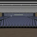 Spacious Conference Room With Blue Seats Wooden Floor And Strip Lights Ceiling