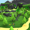 Garden Landscape With Mountains Green Meadows Palm Trees Pine Trees Yellow Flowers Stream And Rocks