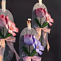 Hanging Glass Tag Vase Flowers with Pink Purple Blooms and Decorative Pink Bows