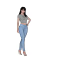Stylish Woman In Gray T Shirt Light Blue Jeans And High Heels Front Back View