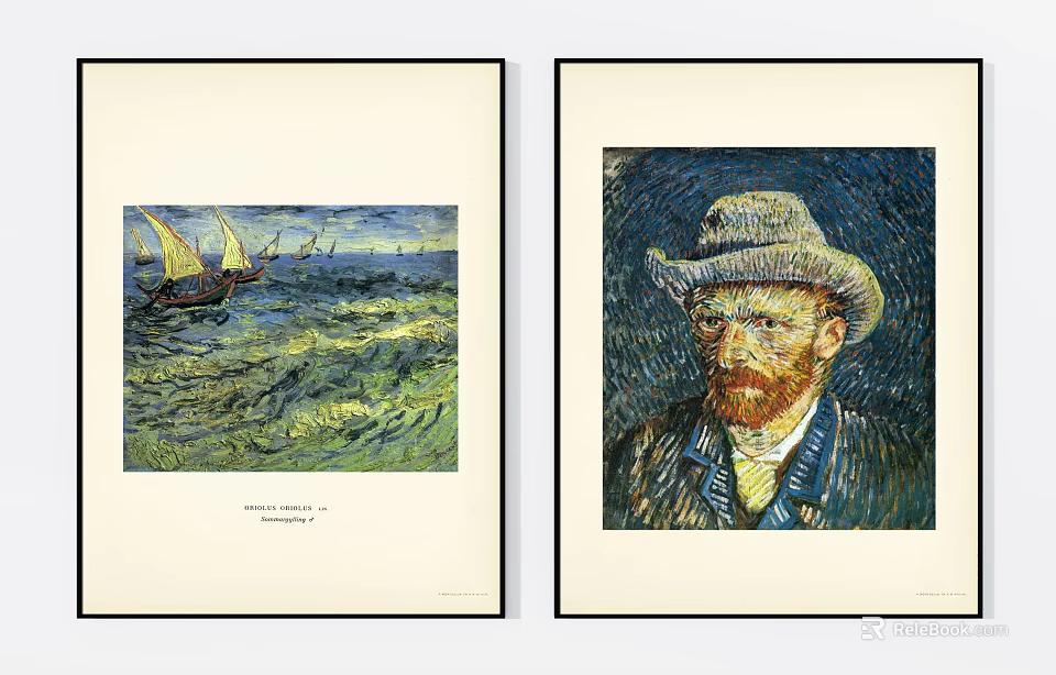Two Framed Van Gogh Artworks Including Seascape And Self Portrait 3d model 