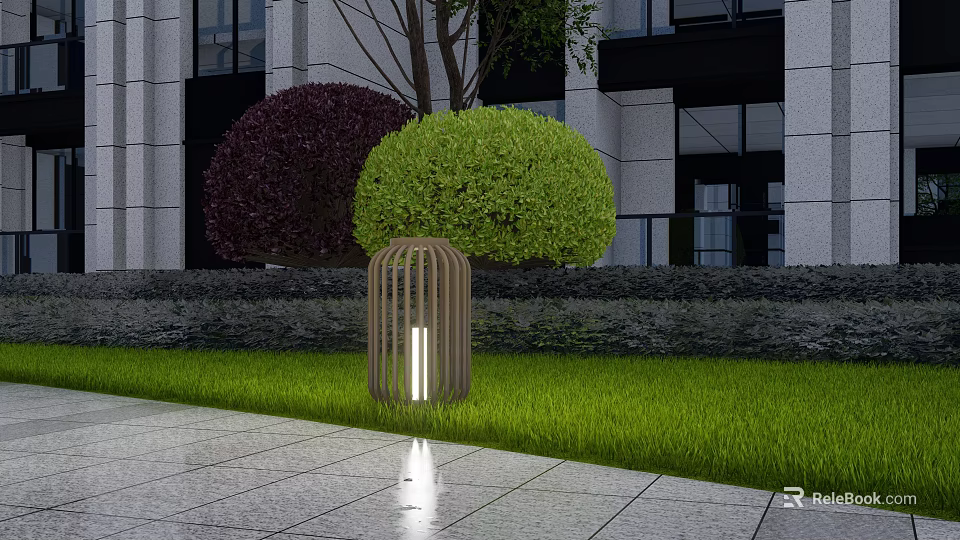 Modern Outdoor Garden Light with Lattice Design by Lawn Stone Pathway Green Purple Shrubs 3d model 
