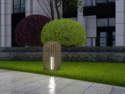 Modern Outdoor Garden Light with Lattice Design by Lawn Stone Pathway Green Purple Shrubs 3d model