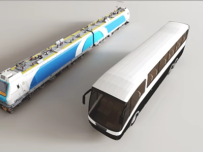 Modern Blue And White High Speed Train With Streamlined Design And White Bus 3d model
