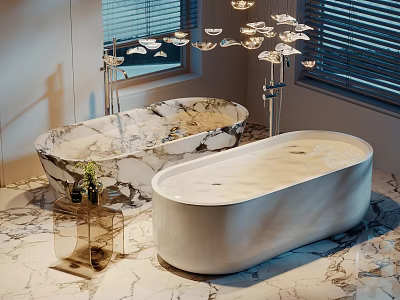 Elegant Modern Bathroom Featuring Two Stylish Bathtubs Marble Design Floor Chandelier And Window 3d model