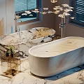 Elegant Modern Bathroom Featuring Two Stylish Bathtubs Marble Design Floor Chandelier And Window