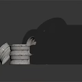 Various Car Tires Stacked And Individual With Shiny Wheel Rims On Dark Reflective Surface