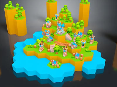 Cartoon Scene With Island Yellow Hills Green Trees Blue Water Small Houses And Characters 3d model