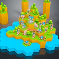 Cartoon Scene With Island Yellow Hills Green Trees Blue Water Small Houses And Characters