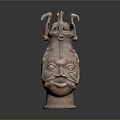Ancient Bronze Head Sculpture With Intricate Facial Details And Avian Motifs