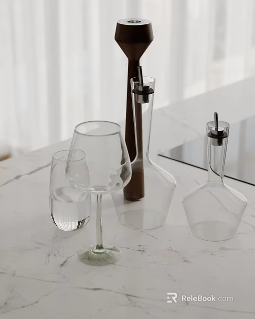 Minimalist Modern Glass Decorative Ornament Set With Cup And Decanter On Marble Countertop 3d model 
