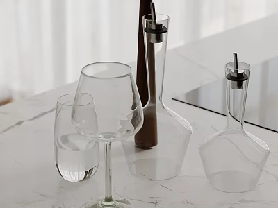 Minimalist Modern Glass Decorative Ornament Set With Cup And Decanter On Marble Countertop 3d model