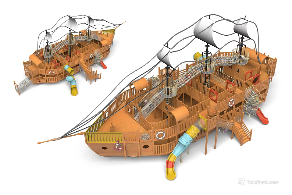Wooden Pirate Ship Themed Playground Equipment With Slides Stairs Sails And Deck 3d model 