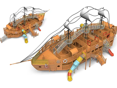 Wooden Pirate Ship Themed Playground Equipment With Slides Stairs Sails And Deck 3d model