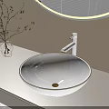 Bathroom Vanity With Round White Sink Gold Rim Green Plant Glass Vase Round Illuminated Mirror