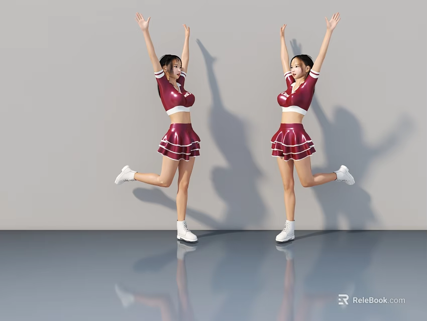 Two Women Jumping With Arms Raised Wearing Maroon Cheerleading Uniforms 3d model 