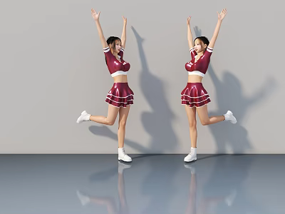 Two Women Jumping With Arms Raised Wearing Maroon Cheerleading Uniforms 3d model