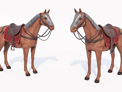Two Brown Reptiles With Saddle And Harness Accessories On White Background 3d model