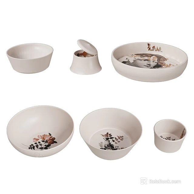 White Ceramic Bowls and Lidded Jar Featuring Floral Patterns and Various Sizes 3d model 