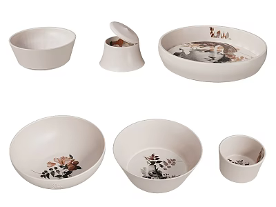 White Ceramic Bowls and Lidded Jar Featuring Floral Patterns and Various Sizes 3d model