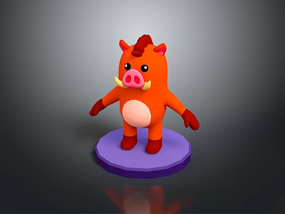 Cute Orange Cartoon Pig With Red Horns Pink Nose White Tusks Purple Base 3d model