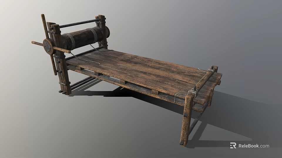 Antique Rustic Wooden Bed Frame With Scroll Design And Solid Wood Structure 3d model 
