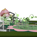 Colorful Children's Park Landscape With Pink Spiral Slide Green Slide Structure And Cartoon Frog
