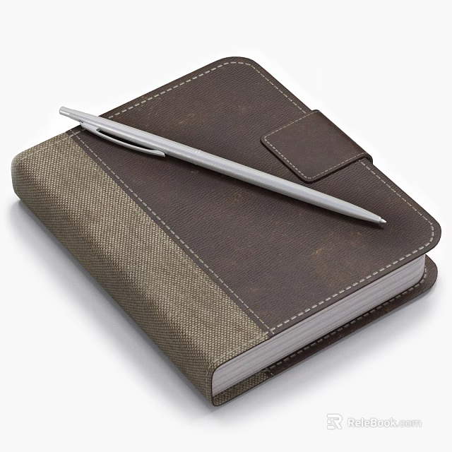 Classic Brown Leather Notebook With Silver Pen And Stitched Leather Strap 3d model 
