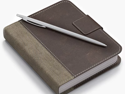 Classic Brown Leather Notebook With Silver Pen And Stitched Leather Strap 3d model