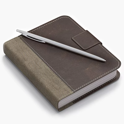 Classic Brown Leather Notebook With Silver Pen And Stitched Leather Strap 3d model