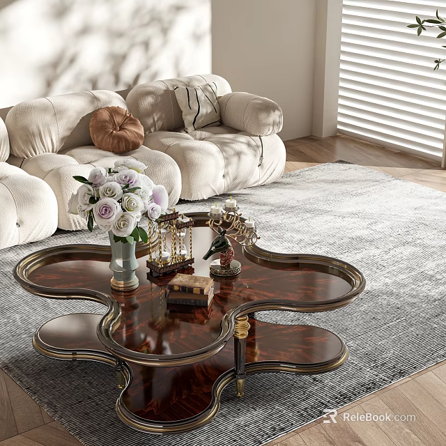 Elegant Classic Coffee Table In Living Room With Flowers Candle Holders And Sunlight 3d model 
